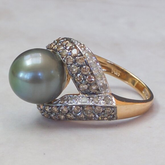 14k Yellow Gold Tahitian Pearl & Champagne Diamond Pavé Bypass Ring — 10mm, sz 6 - Picture 3 of 9